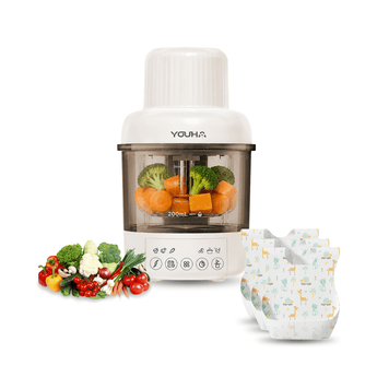 Baby Food Maker PRO voor het maken van baby hapjes met dierentuin slabbetje