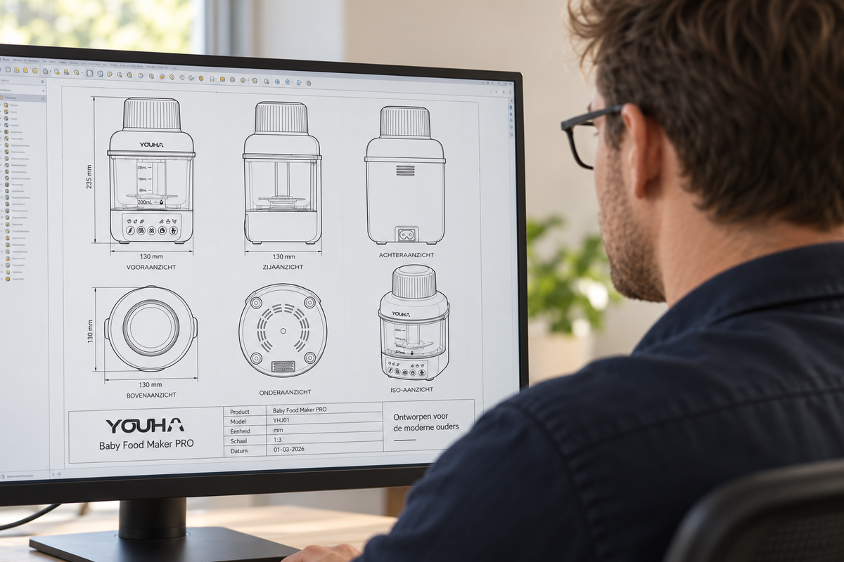 Productontwerper bekijkt een technische tekening van een babyvoedingmaker op een computerscherm.