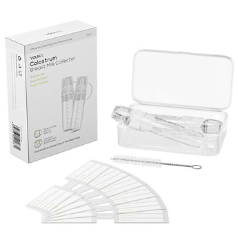 Youha Colostrum Collectors set met twee medische siliconen opvangbuisjes van 10 ml, inclusief opbergbakje en reinigingsborsteltje. Ideaal voor prenatale en postnatale colostrumopvang, BPA-vrij en eenvoudig schoon te maken