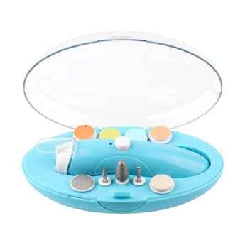 Complete set van de Youha elektrische baby manicure set met 9 opzetstukken, oplaadkabel en handige opbergbox, ideaal voor het veilig en pijnloos vijlen van baby nagels.