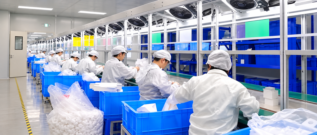 Medewerkers controleren en assembleren productonderdelen in de productieruimte.