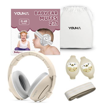 Youha gehoorbeschermingsset voor baby’s en kinderen van 0 tot 4 jaar in beige, met verstelbare babyband, gehoorkap voor peuter en opbergtasje.