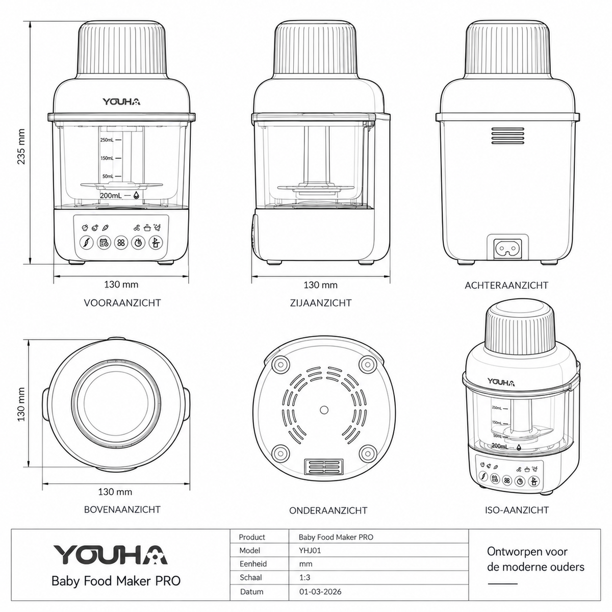 Technische tekening van de Youha Baby Food Maker PRO met verschillende aanzichten en afmetingen.