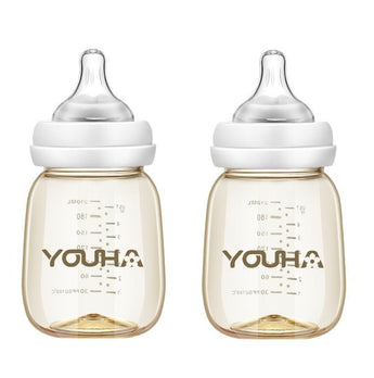 Twee Youha babyflessen van 210ML met siliconen speen, BPA- en BPS-vrij, ideaal voor het voeden van je baby en het gemakkelijk bewaren van afgekolfde moedermelk.