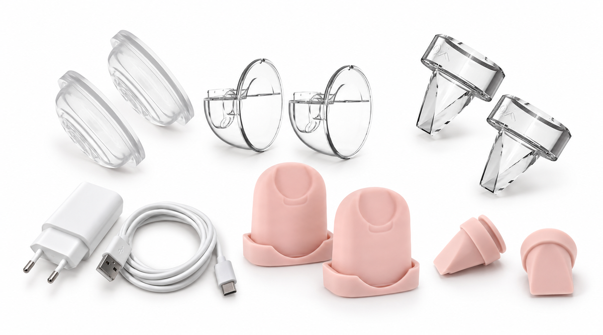 Overzicht van Youha borstkolf onderdelen op een witte achtergrond, waaronder transparante membranen, opvangcups, ventielen, roze siliconen onderdelen en een USB-oplaadkabel met adapter.