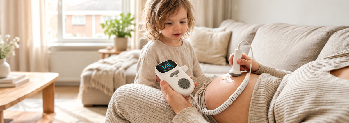 Zwangere moeder luistert met de Youha Moments Fetal Doppler naar de hartslag van haar baby, terwijl haar jonge dochter nieuwsgierig meekijkt op de bank.