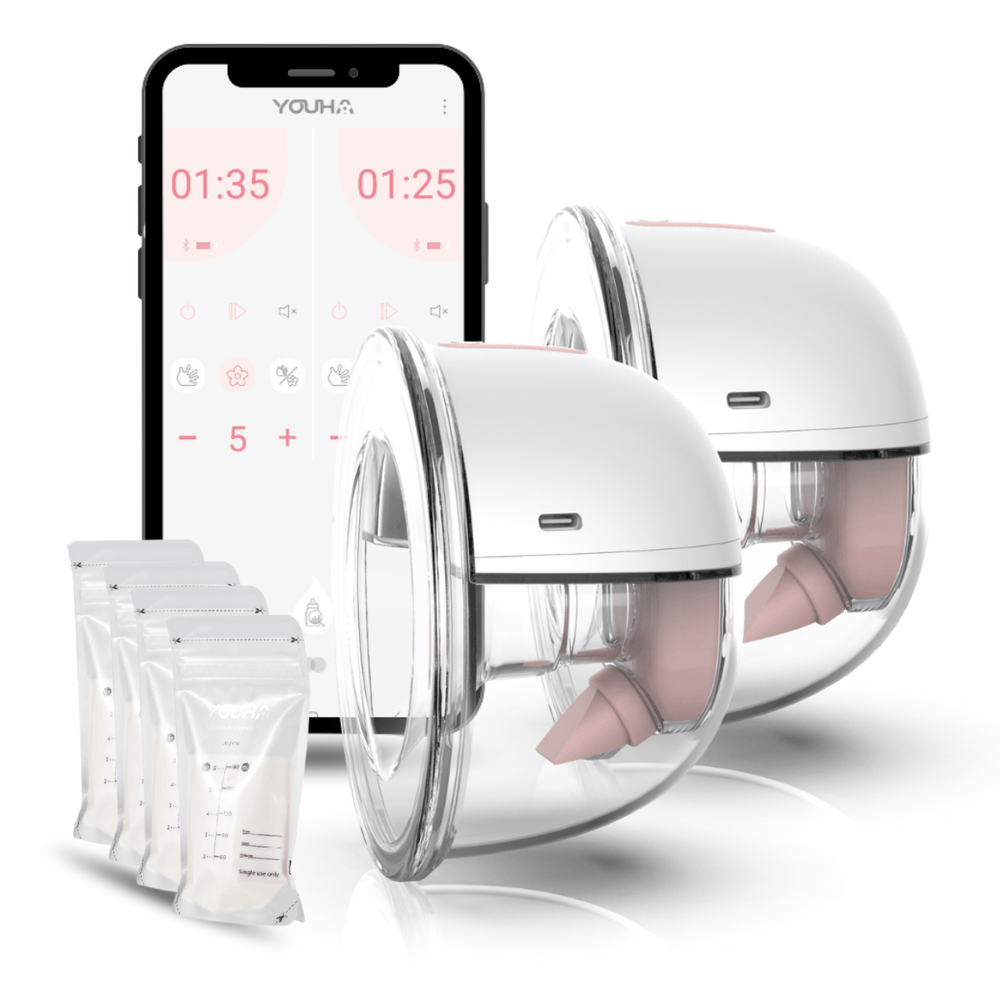 De dubbele Youha The INs Gen 2 borstkolf, draadloos en draagbaar, biedt efficiënte en flexibele kolfmogelijkheden met de My Youha app. Inclusief moedermelk bewaarzakjes.