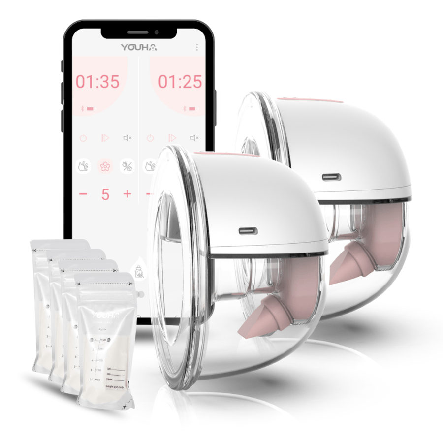 De dubbele Youha The INs Gen 2 borstkolf, draadloos en draagbaar, biedt efficiënte en flexibele kolfmogelijkheden met de My Youha app. Inclusief moedermelk bewaarzakjes.