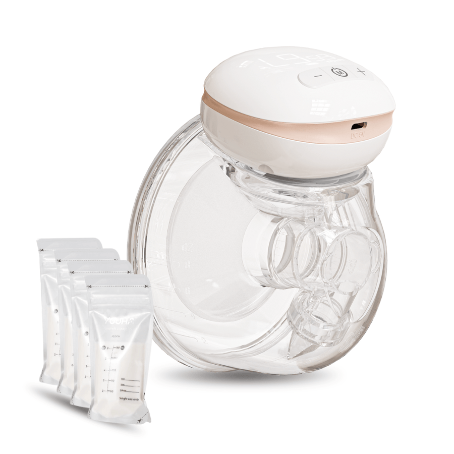 Youha The INs Next borstkolf 24mm met LED scherm, draadloze en mobiele kolf zonder slangen, biedt 3 kolfmodussen, 10 niveau-instellingen, en 240ml opvangreservoir. Geschikt voor onderweg, inclusief USB-C opladen en BPA-vrij materiaal. Inclusief moedermelk bewaarzakjes.