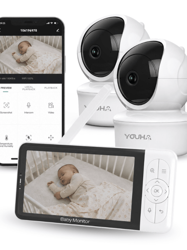 De Youha babyfoon scherm toont beelden van twee camera’s tegelijk en is eenvoudig te bedienen via de mobiele app.