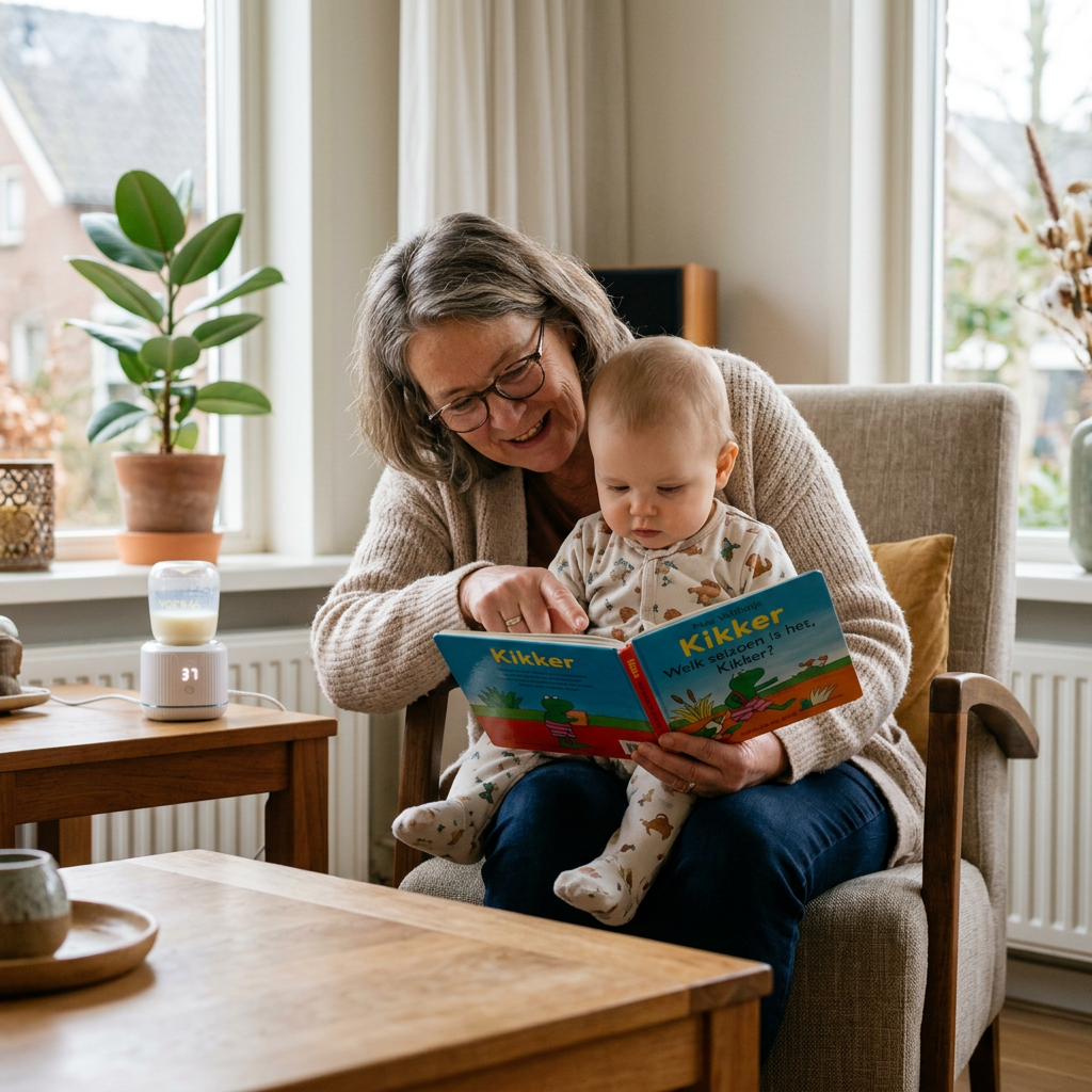 Oma en baby lezen een boekje terwijl de Youha flessenwarmer de babyfles opwarmt 