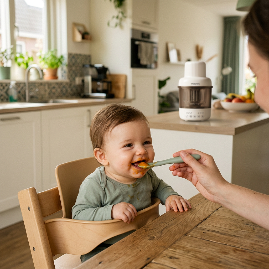 Kindje eet een vers zelfgemaakt babyhapje