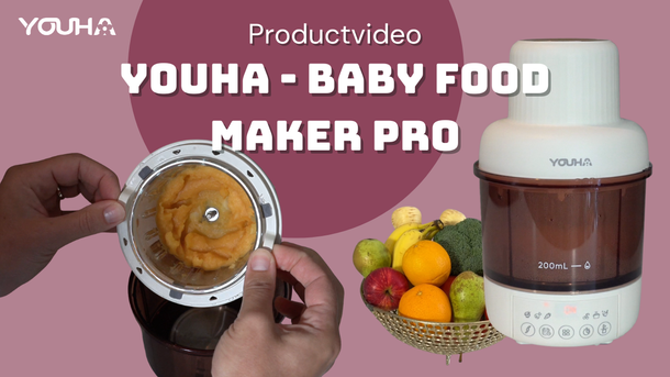 Video-uitleg over de Youha Baby Food Maker PRO waarin wordt getoond hoe je babyvoeding bereidt, de functies gebruikt en het apparaat schoonmaakt