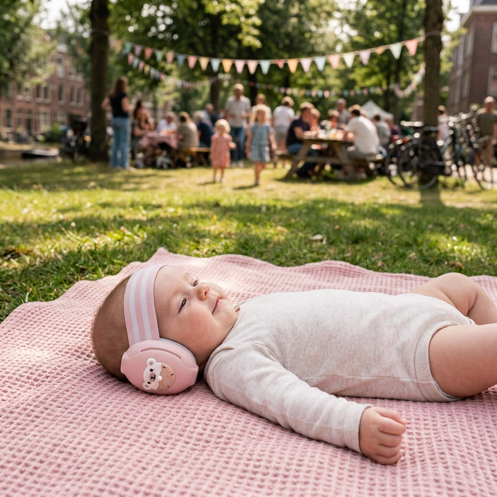 Baby met Youha gehoorbeschermers in het park