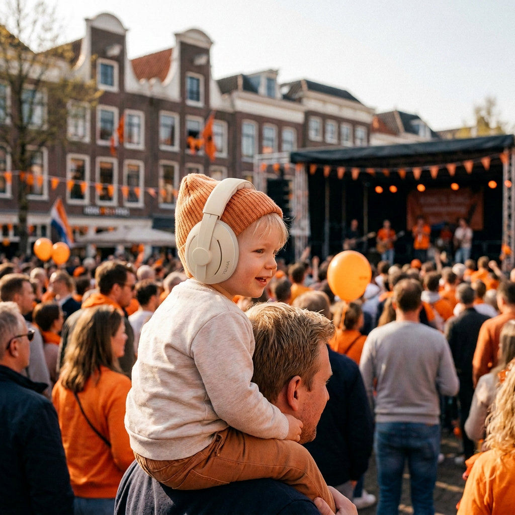 Kindje met Youha gehoorbeschermers tijdens Koningsdag